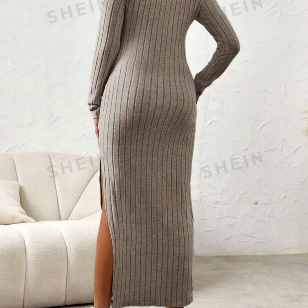 SHEIN Maternity Solid Simple Daily Round Neck Long Sleeve Slit Dress